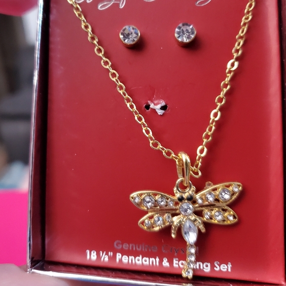 💖 Dragonfly necklace with earrings goldtone with clear gems. - Picture 10 of 13